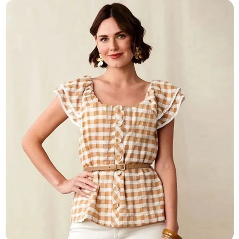 Matilda Jane Beige and White Gingham Annabelle off the shoulder Blouse